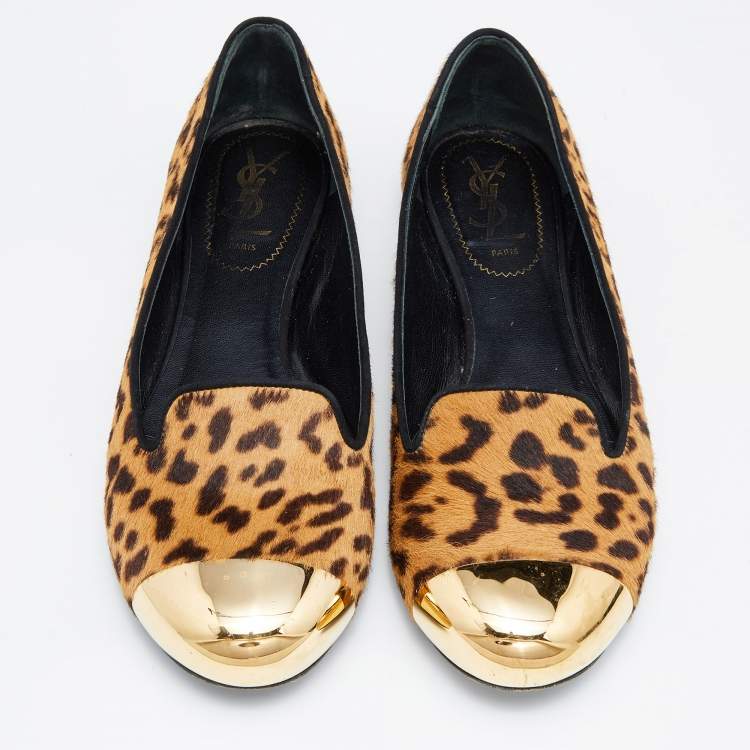 Pre Owned Yves Saint Laurent Brown Leopard Print Calfhair Metal Cap Toe Smoking Slipper Size 38.5