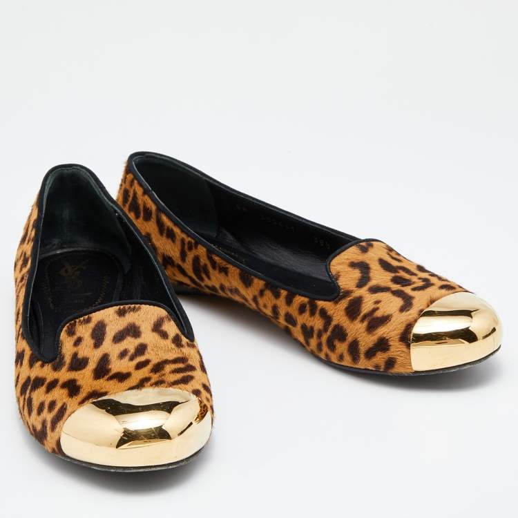 Pre Owned Yves Saint Laurent Brown Leopard Print Calfhair Metal Cap Toe Smoking Slipper Size 38.5