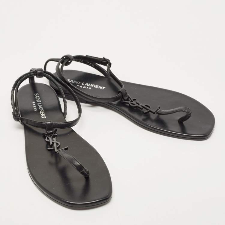 Pre Owned Saint Laurent Black Leather Logo T-Strap Flat Thong Sandals Size 36.5
