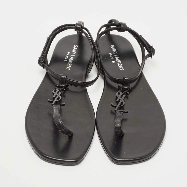 Pre Owned Saint Laurent Black Leather Logo T-Strap Flat Thong Sandals Size 36.5