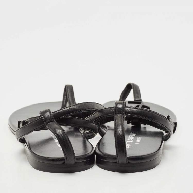 Pre Owned Saint Laurent Black Leather Logo T-Strap Flat Thong Sandals Size 36.5
