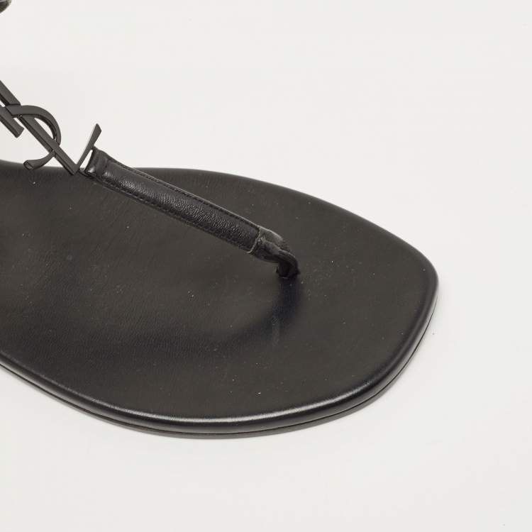 Pre Owned Saint Laurent Black Leather Logo T-Strap Flat Thong Sandals Size 36.5
