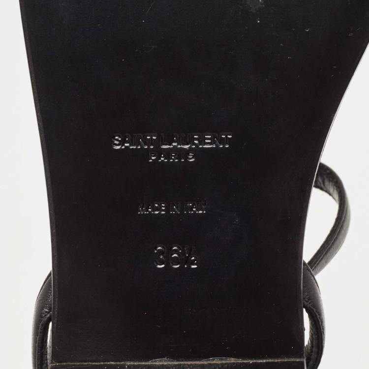 Pre Owned Saint Laurent Black Leather Logo T-Strap Flat Thong Sandals Size 36.5