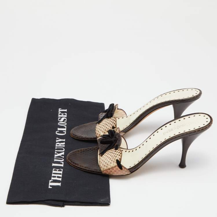 Pre Owned Yves Saint Laurent White/Brown Watersnake Slide Sandals Size 39