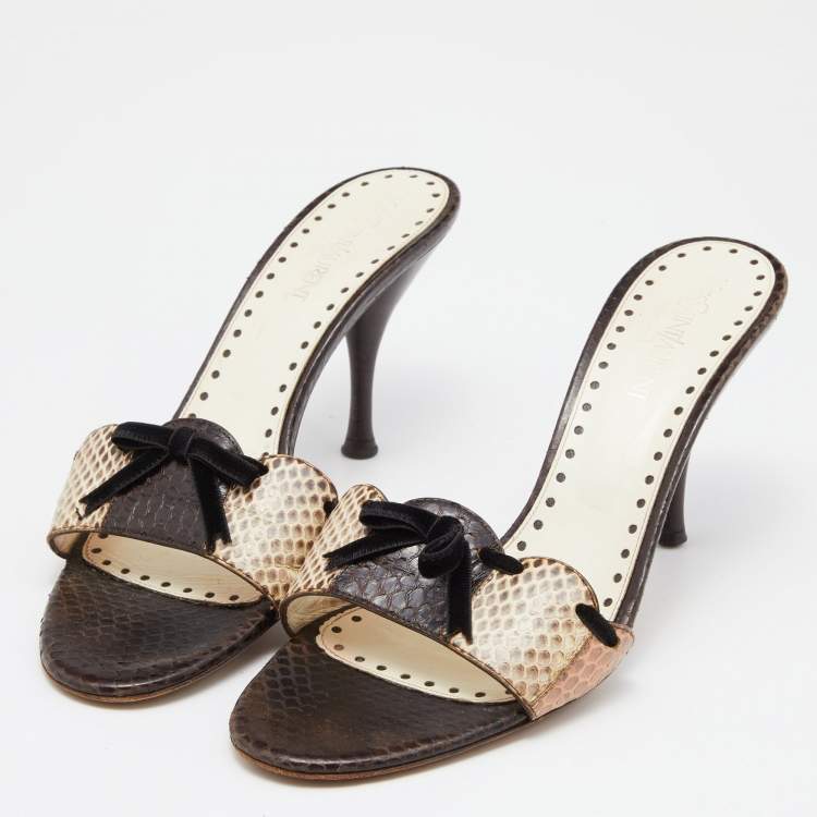 Pre Owned Yves Saint Laurent White/Brown Watersnake Slide Sandals Size 39