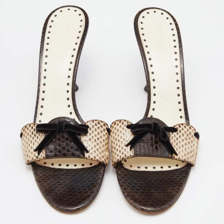 Pre Owned Yves Saint Laurent White/Brown Watersnake Slide Sandals Size 39