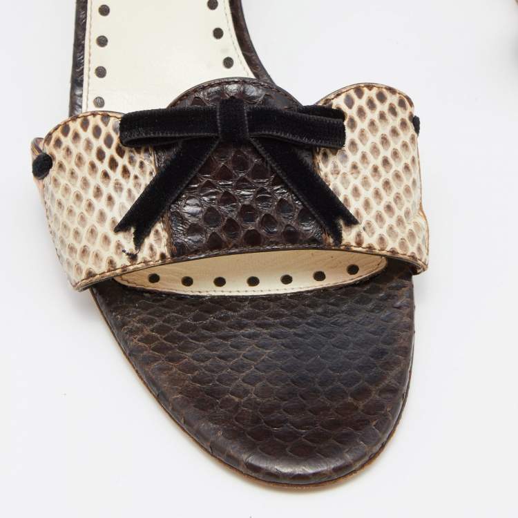 Pre Owned Yves Saint Laurent White/Brown Watersnake Slide Sandals Size 39