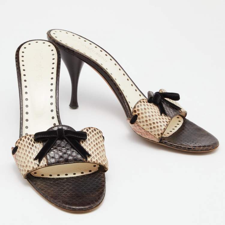 Pre Owned Yves Saint Laurent White/Brown Watersnake Slide Sandals Size 39