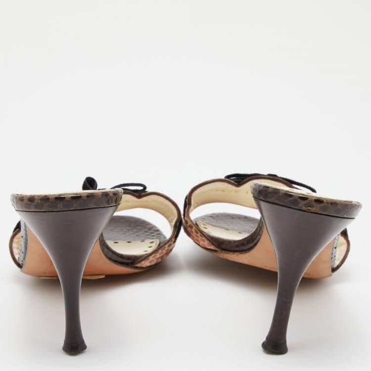 Pre Owned Yves Saint Laurent White/Brown Watersnake Slide Sandals Size 39