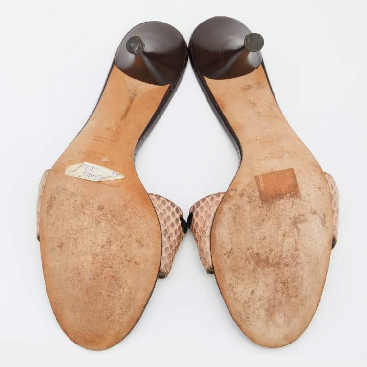 Pre Owned Yves Saint Laurent White/Brown Watersnake Slide Sandals Size 39