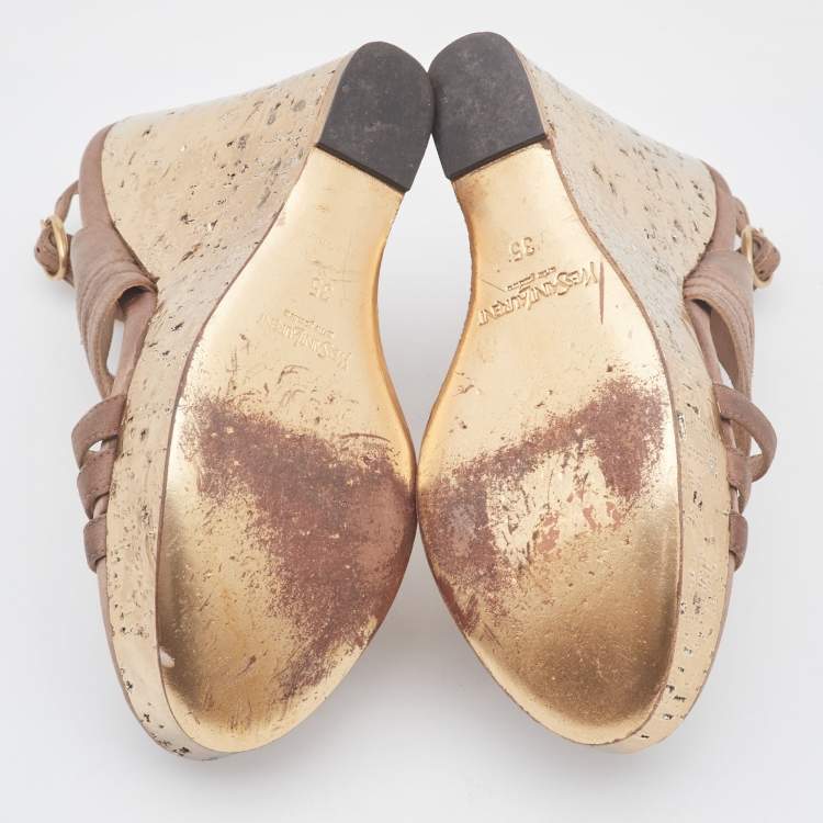 Pre Owned Yves Saint Laurent Brown Satin Wedge Sandals Size 35