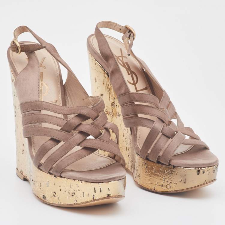 Pre Owned Yves Saint Laurent Brown Satin Wedge Sandals Size 35