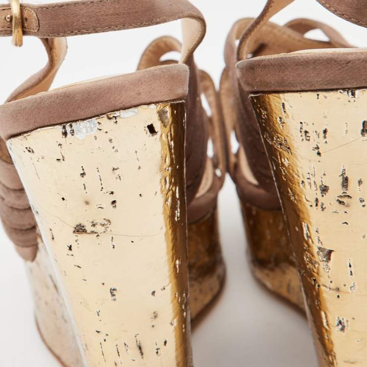Pre Owned Yves Saint Laurent Brown Satin Wedge Sandals Size 35