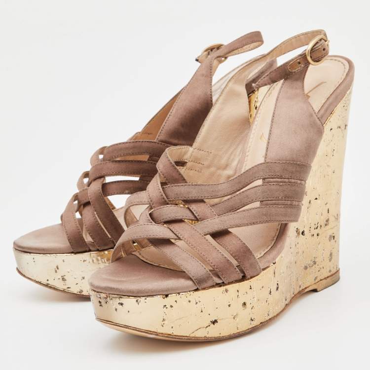 Pre Owned Yves Saint Laurent Brown Satin Wedge Sandals Size 35