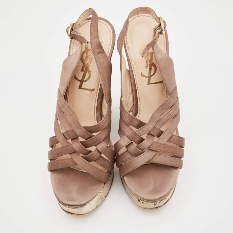 Pre Owned Yves Saint Laurent Brown Satin Wedge Sandals Size 35