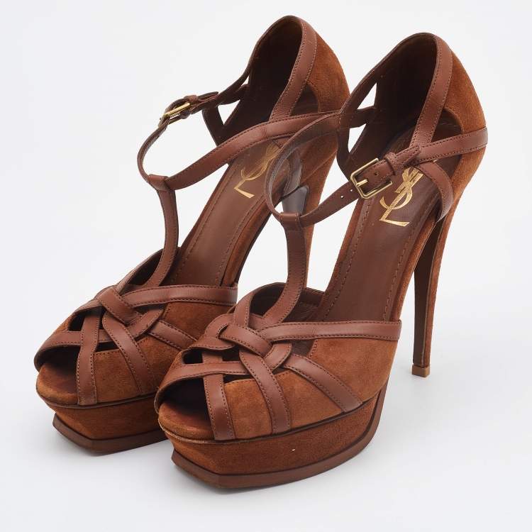 Pre Owned Yves Saint Laurent Brown Suede and Leather Tribute Sandals Size 38.5