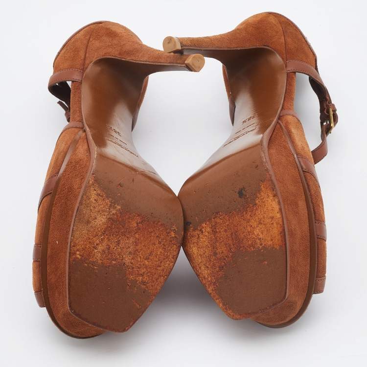 Pre Owned Yves Saint Laurent Brown Suede and Leather Tribute Sandals Size 38.5