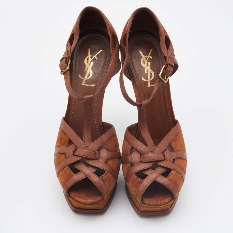 Pre Owned Yves Saint Laurent Brown Suede and Leather Tribute Sandals Size 38.5