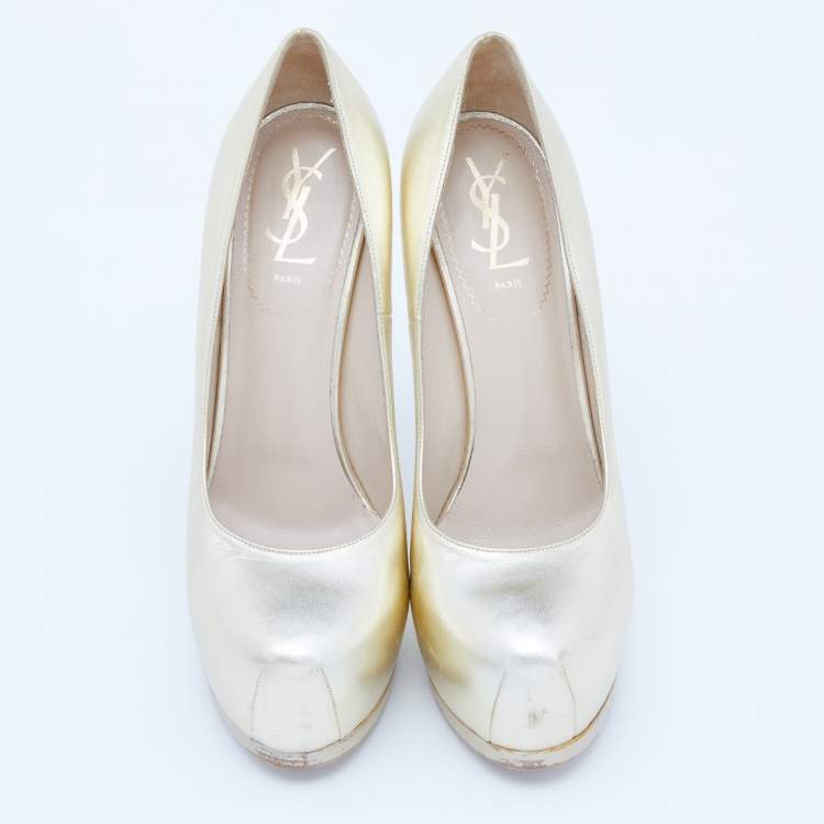 Pre Owned Yves Saint Laurent Gold Leather Tribtoo Platform Pumps Size 38.5