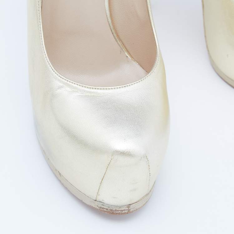 Pre Owned Yves Saint Laurent Gold Leather Tribtoo Platform Pumps Size 38.5