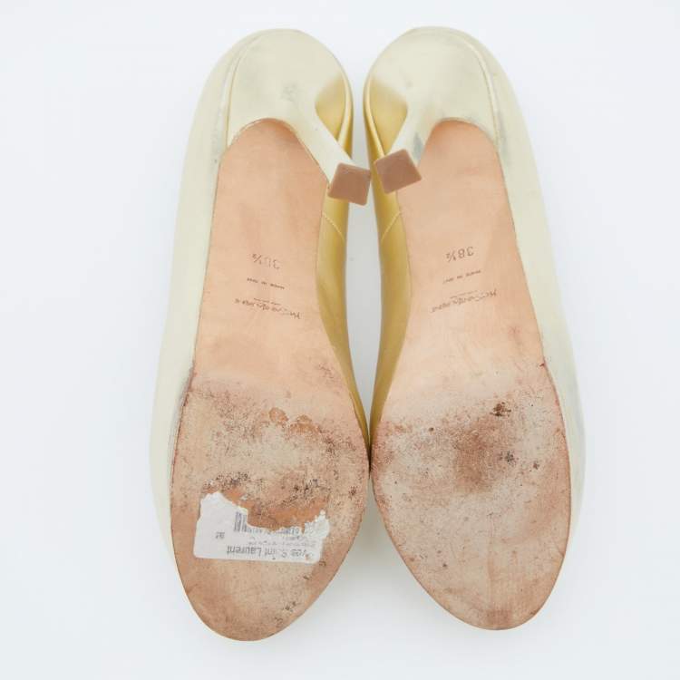 Pre Owned Yves Saint Laurent Gold Leather Tribtoo Platform Pumps Size 38.5