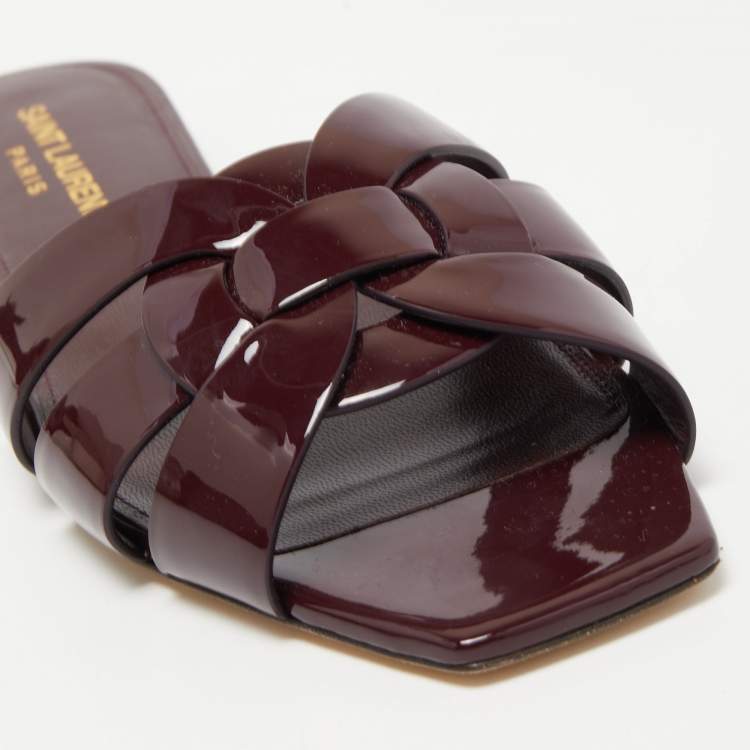 Pre Owned Saint Laurent Burgundy Patent Leather Tribute Flat Slides Size 36.5