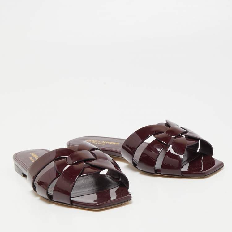 Pre Owned Saint Laurent Burgundy Patent Leather Tribute Flat Slides Size 36.5