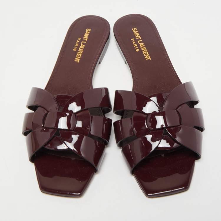 Pre Owned Saint Laurent Burgundy Patent Leather Tribute Flat Slides Size 36.5