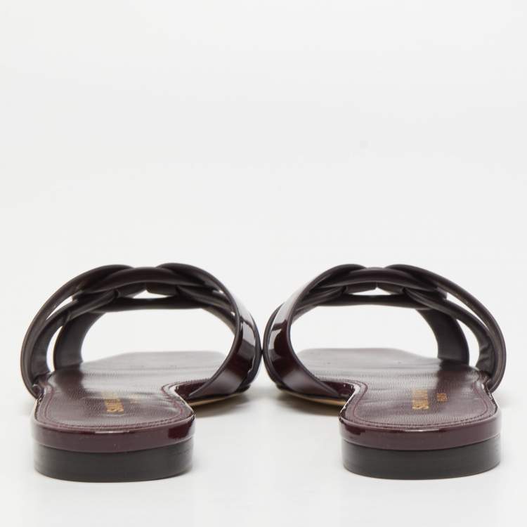 Pre Owned Saint Laurent Burgundy Patent Leather Tribute Flat Slides Size 36.5