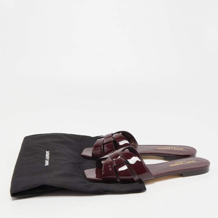 Pre Owned Saint Laurent Burgundy Patent Leather Tribute Flat Slides Size 36.5