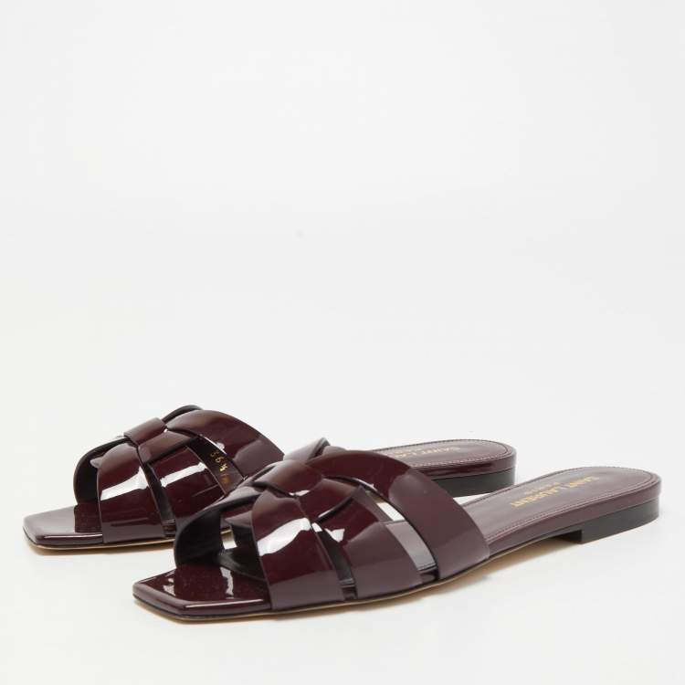 Saint Laurent Burgundy Patent Leather Tribute Flat Slides Size