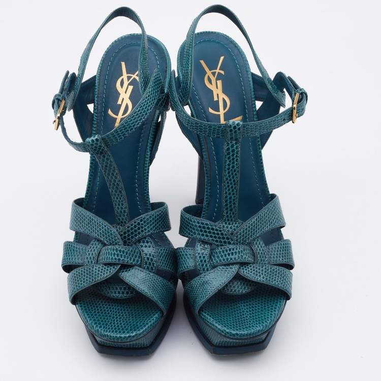 Pre Owned Yves Saint Laurent Teal Lizard Embossed Leather Tribute Sandals Size 38