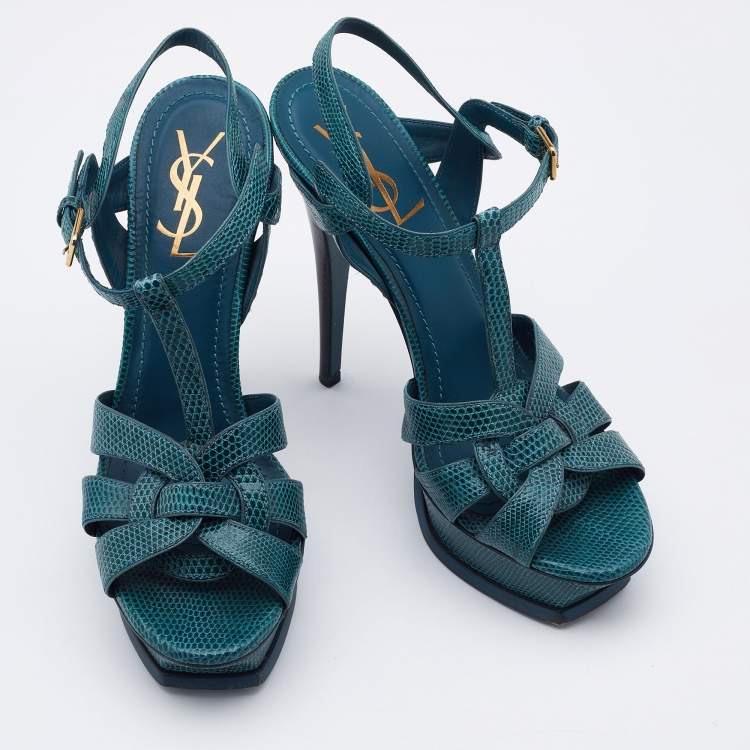 Pre Owned Yves Saint Laurent Teal Lizard Embossed Leather Tribute Sandals Size 38