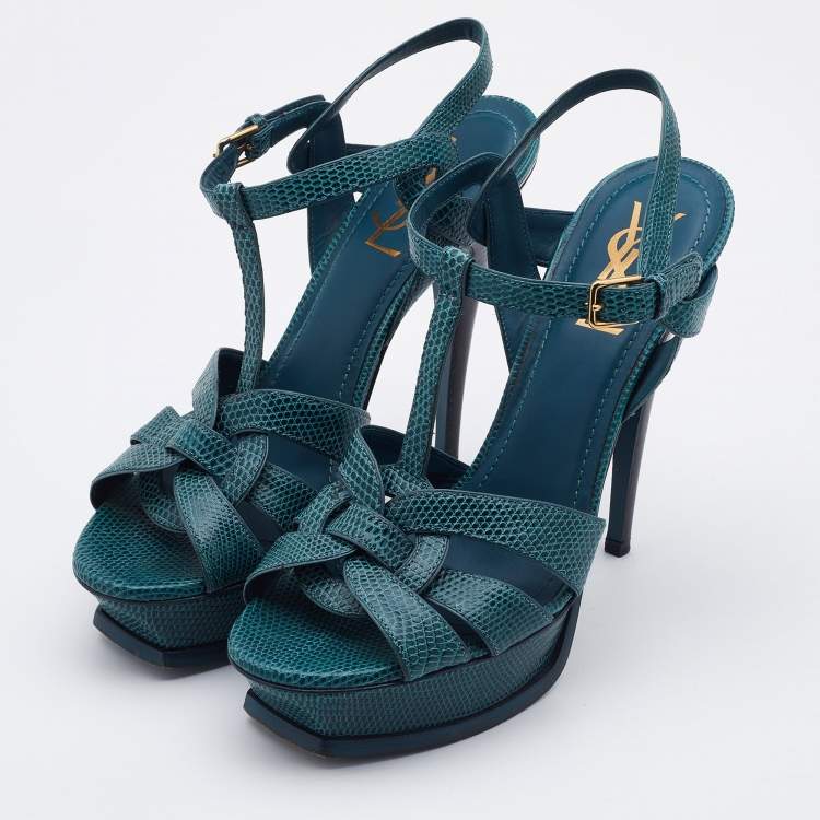 Pre Owned Yves Saint Laurent Teal Lizard Embossed Leather Tribute Sandals Size 38