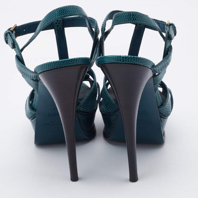 Pre Owned Yves Saint Laurent Teal Lizard Embossed Leather Tribute Sandals Size 38