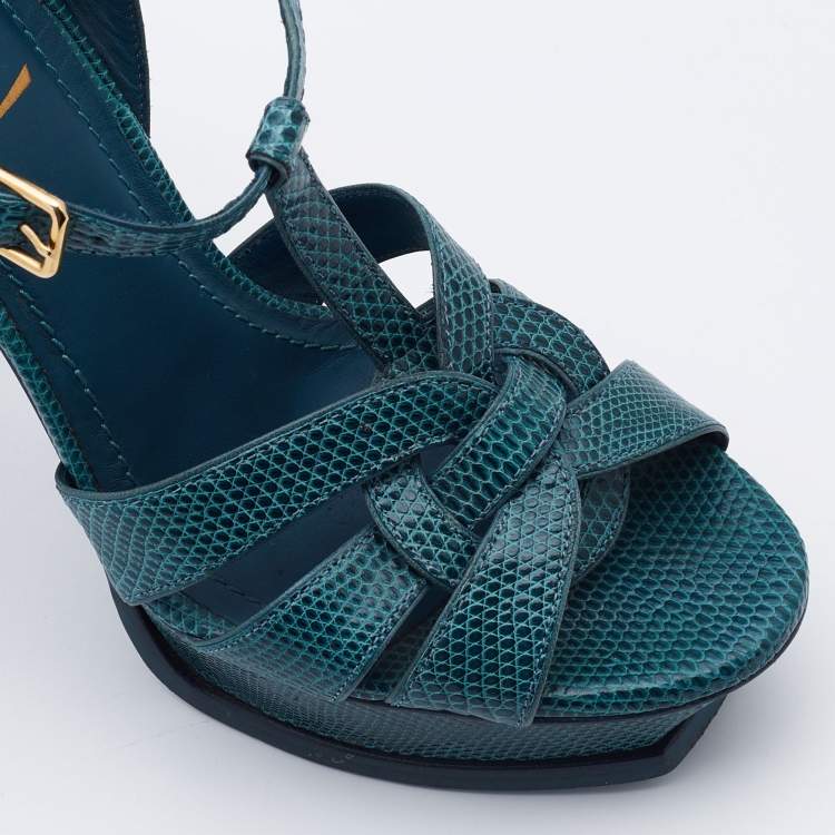Pre Owned Yves Saint Laurent Teal Lizard Embossed Leather Tribute Sandals Size 38
