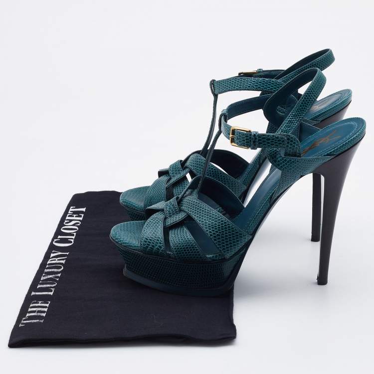 Pre Owned Yves Saint Laurent Teal Lizard Embossed Leather Tribute Sandals Size 38