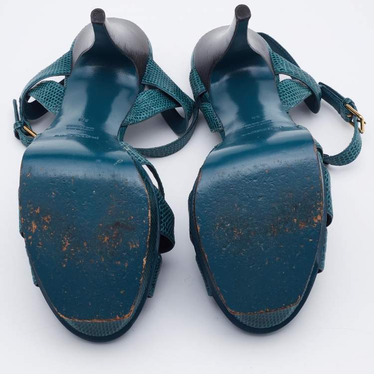 Pre Owned Yves Saint Laurent Teal Lizard Embossed Leather Tribute Sandals Size 38
