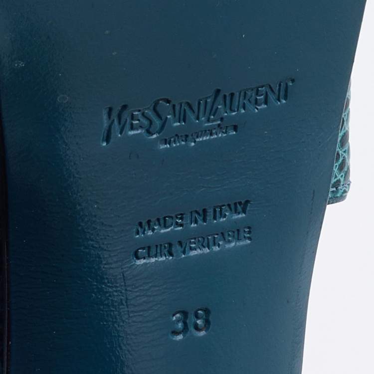 Pre Owned Yves Saint Laurent Teal Lizard Embossed Leather Tribute Sandals Size 38