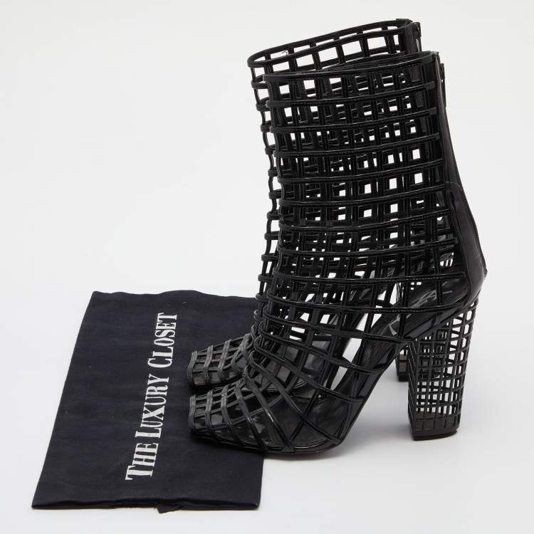 Pre Owned Yves Saint Laurent Black Patent Leather Caged Mid Calf Boots Size 39