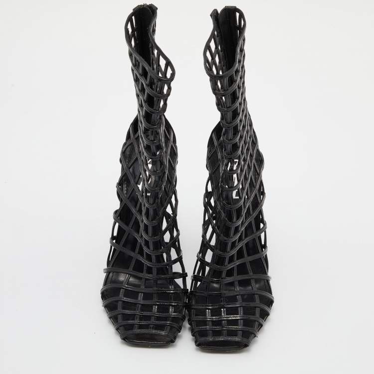 Pre Owned Yves Saint Laurent Black Patent Leather Caged Mid Calf Boots Size 39