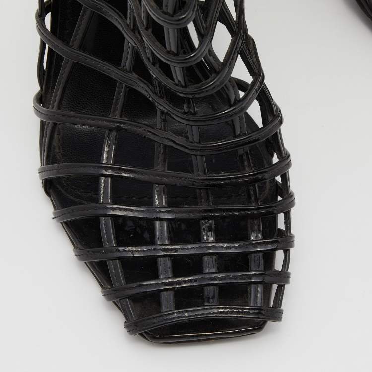 Pre Owned Yves Saint Laurent Black Patent Leather Caged Mid Calf Boots Size 39