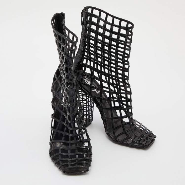 Pre Owned Yves Saint Laurent Black Patent Leather Caged Mid Calf Boots Size 39