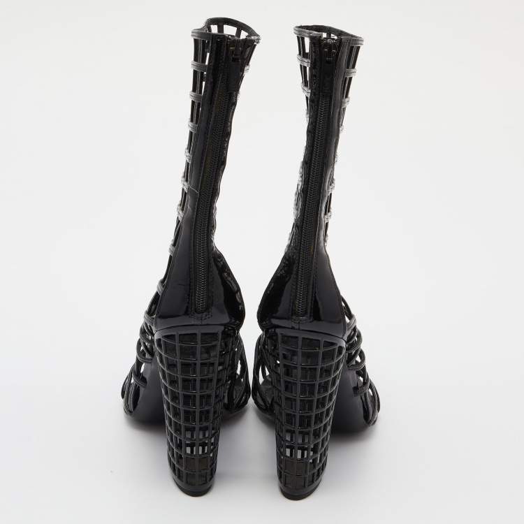Pre Owned Yves Saint Laurent Black Patent Leather Caged Mid Calf Boots Size 39
