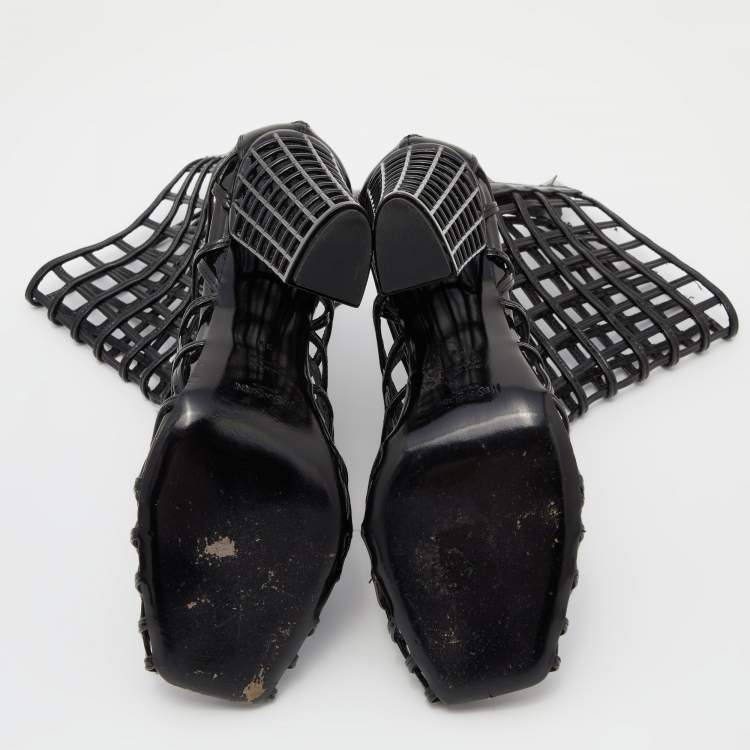 Pre Owned Yves Saint Laurent Black Patent Leather Caged Mid Calf Boots Size 39