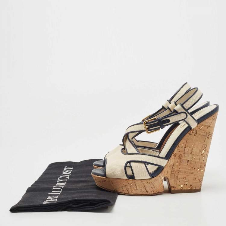 Pre Owned Yves Saint Laurent White/Navy Blue Canvas Deauville Cork Wedge Sandals Size 37