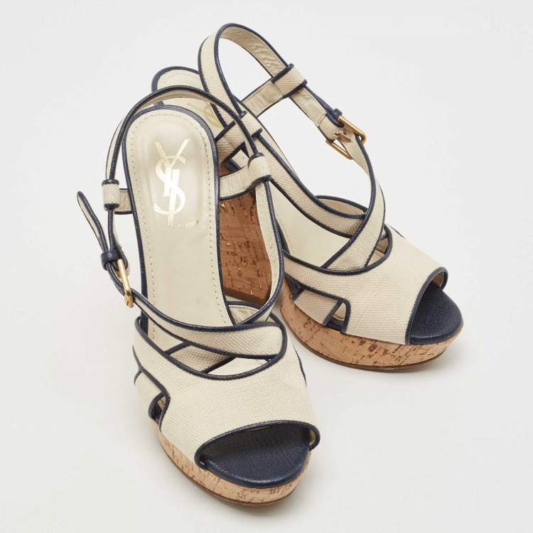 Pre Owned Yves Saint Laurent White/Navy Blue Canvas Deauville Cork Wedge Sandals Size 37