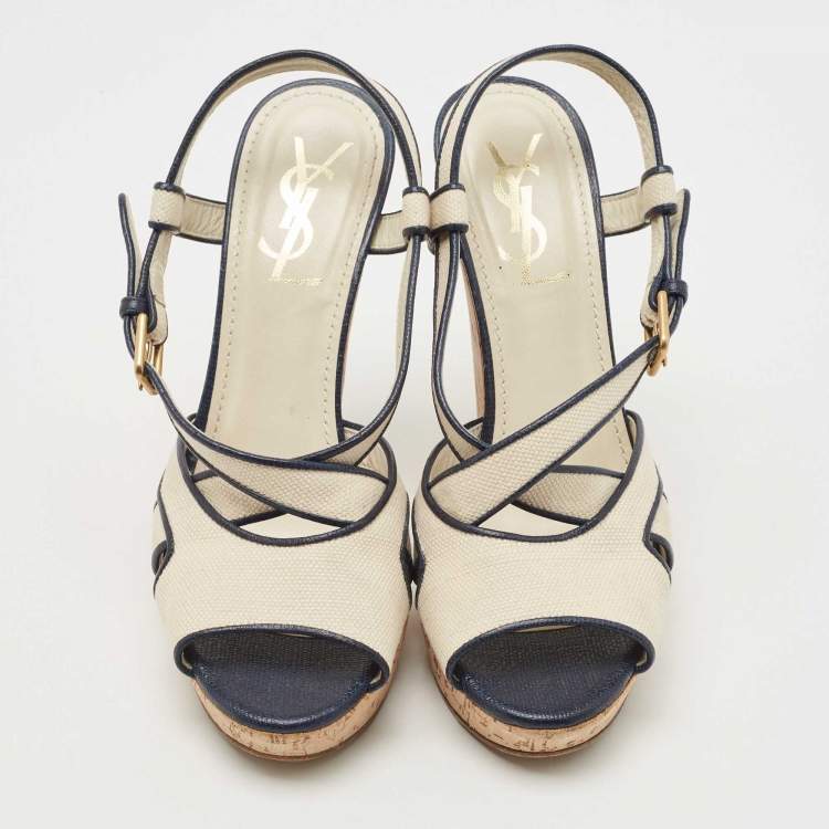 Pre Owned Yves Saint Laurent White/Navy Blue Canvas Deauville Cork Wedge Sandals Size 37