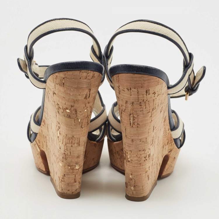 Pre Owned Yves Saint Laurent White/Navy Blue Canvas Deauville Cork Wedge Sandals Size 37