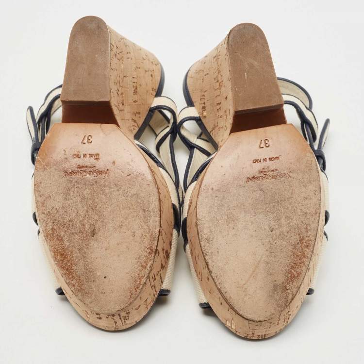 Pre Owned Yves Saint Laurent White/Navy Blue Canvas Deauville Cork Wedge Sandals Size 37